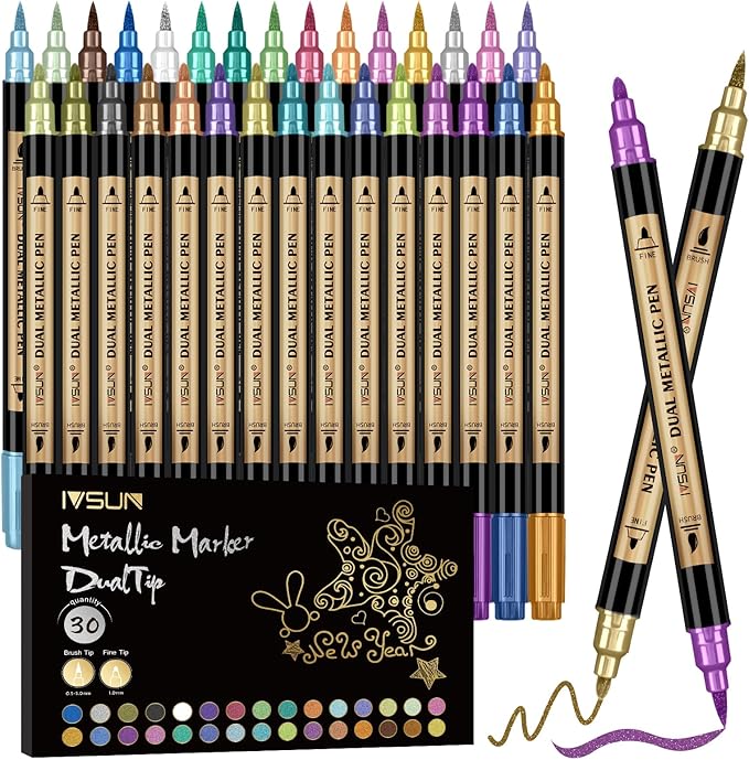 Metallic Marker Pens, 30 Colors Dual Tip Acrylic